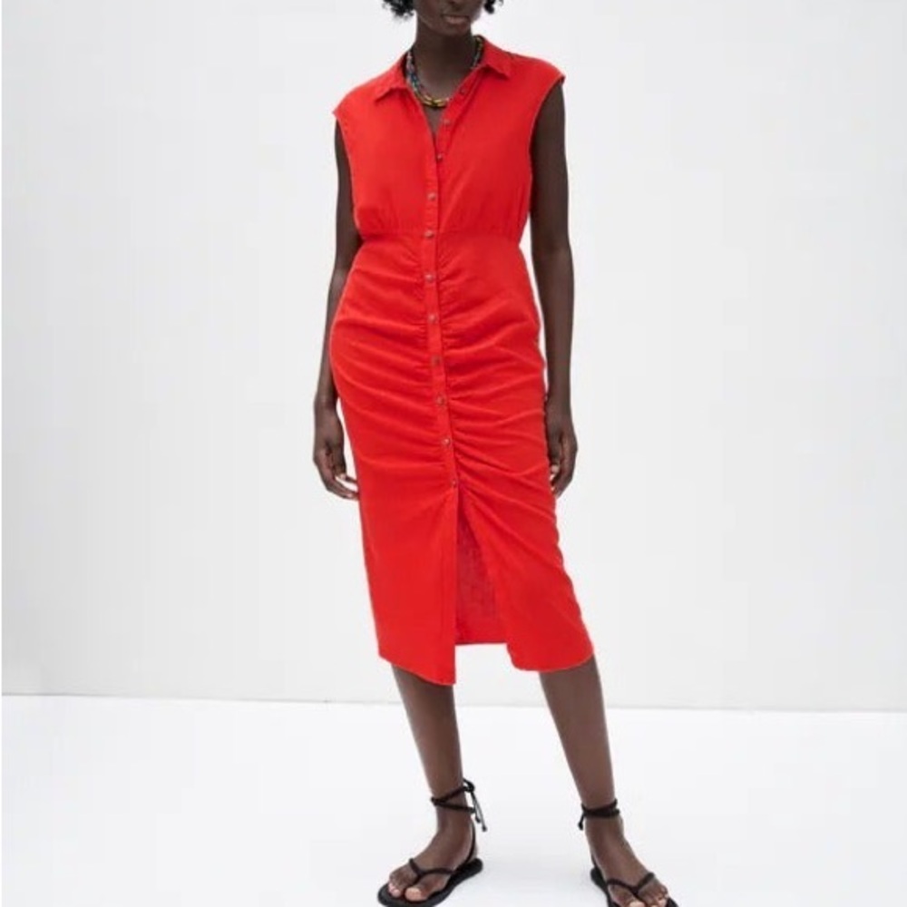 LINEN BLEND RUCHED DRESS - RED